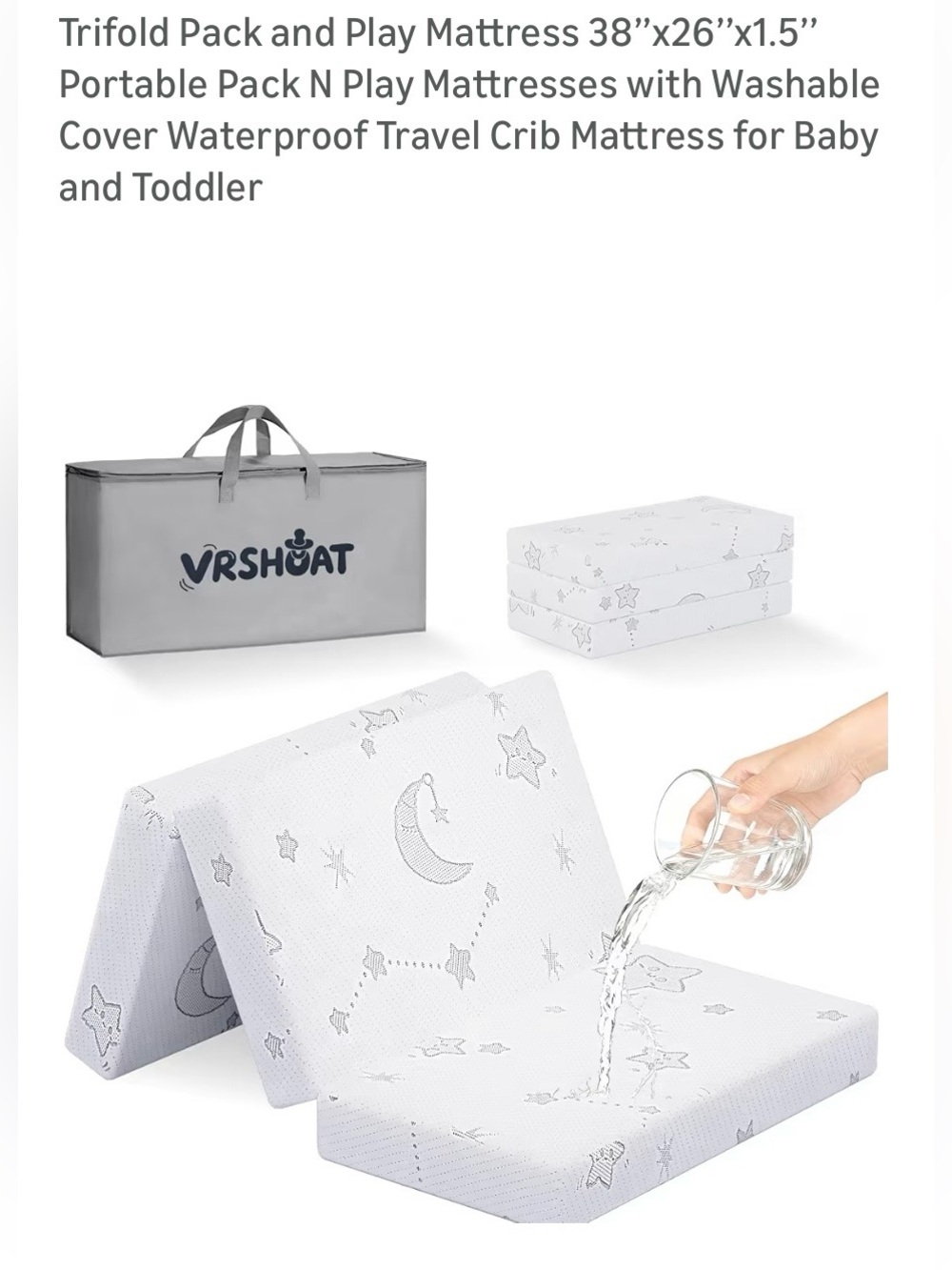 Kids Foldable Play Mattress With Storage Case - White Star & Moon Design (New)